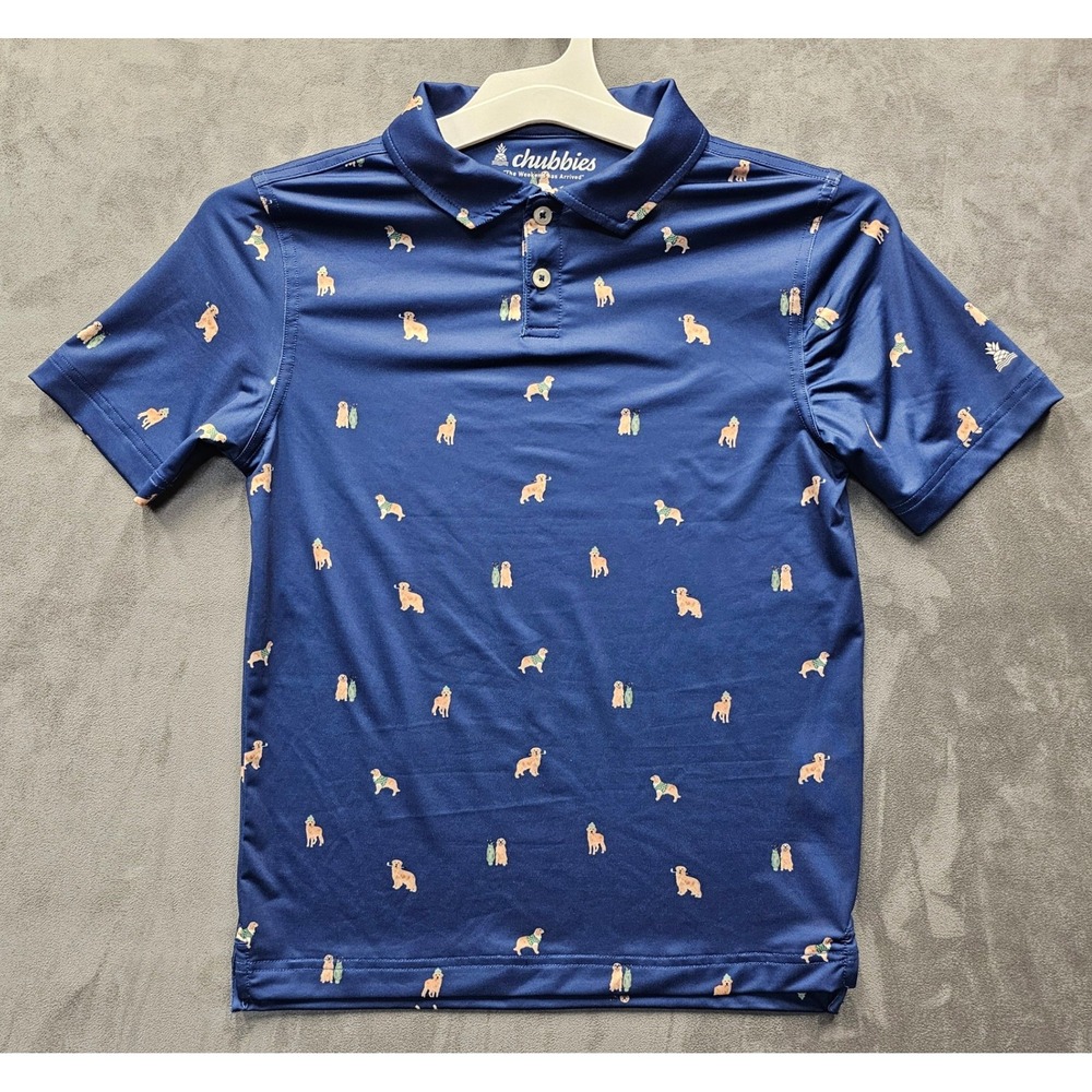 CHUBBIES Youth Small 8/9 Navy Golden Retriever Dog Print Performance Polo Shirt